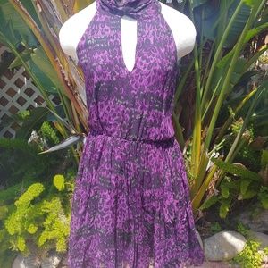 Halston Heritage Purple Silk Dress Faux Halter